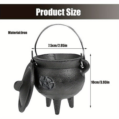 Cast Iron Cauldron with Lid & Handle – Witchcraft Incense Burner, Spell Ritual Pot, Halloween Decor, Pentagram & Triple Moon Styles, Pagan Altar Cauldron