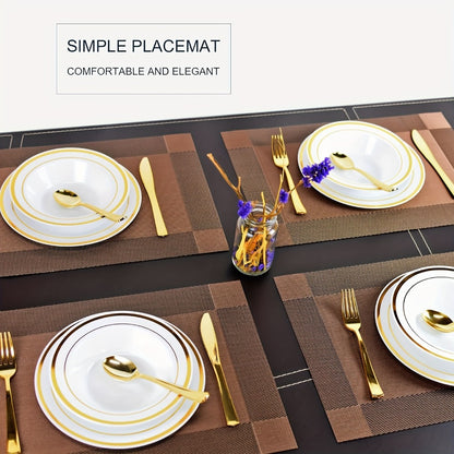 PVC Placemats Set of 6 Heat Resistant Non-Slip Washable Table Mats for Kitchen Dining Table, Easy Clean Vinyl Dinner Mats 11.8x17.7 Inch (Golden, Brown, Silver)