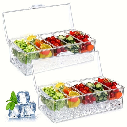 Fruit Salad Bowl with Lid and 5 Compartments, Portable Chilled Serving Tray with 5 Forks and 2 Tongs, Detachable Fruit Storage Box for Party Entertaining Bar Decoration Buffet Table