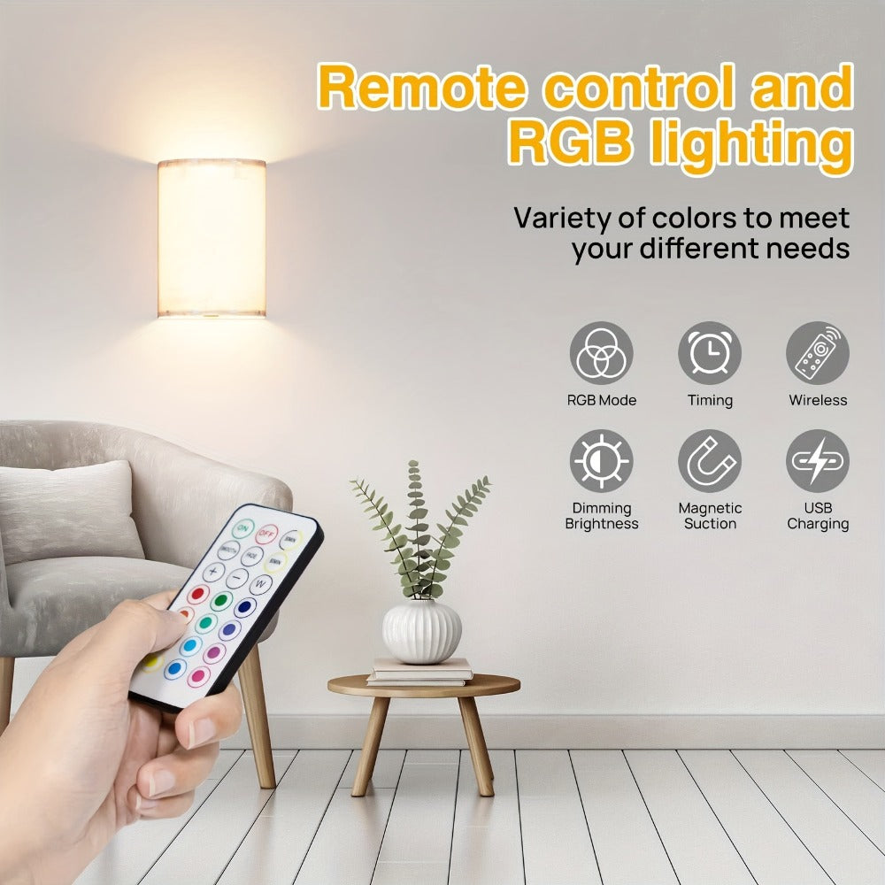 Rechargeable Wall Sconce Set of 2 – Wireless Fabric Shade Wall Light with Remote Control, Magnetic Puck Light, Dimmable CCT or RGB Color, No Wiring for Bedroom Living Room Hallway Decor