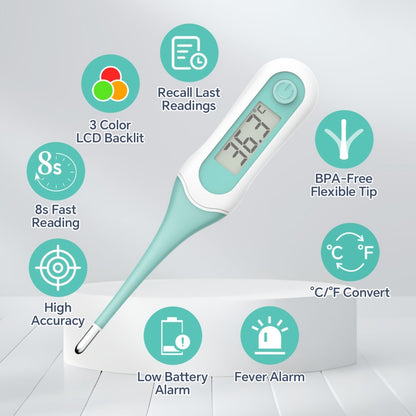 Digital Oral Thermometer for Adults & Kids – 8-Second Fast Read, Bendable Tip, 3-Color Fever Backlight, 32 Memory Records, Rectal Use for Infants, Celsius/Fahrenheit Conversion