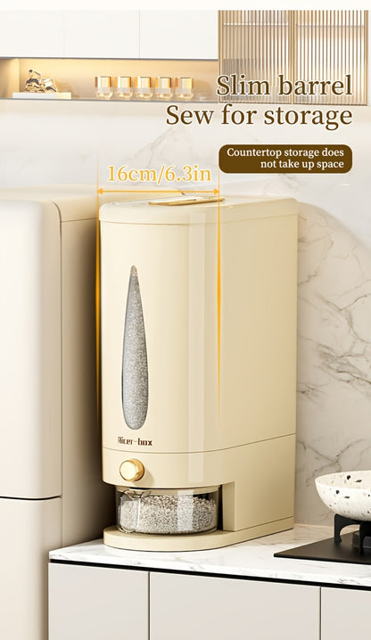 Rice Dispenser Storage Container Press Type Measuring Cup Moisture-Proof Sealed Grain Bin - Large Capacity Airtight Rice Storage Box for Rice Coffee Beans Flour Legumes Pet Food Kitchen Pantry Organizer