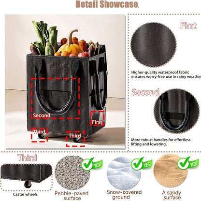 Rolling Grocery Bag with Wheels 60L Extra Large | 16 Gallon Heavy Duty Foldable Shopping Cart Waterproof | Multi-Function Travel Tote Utility Bag in Black Rose Gold
