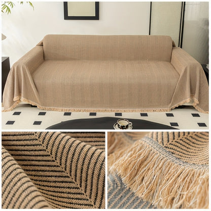 Herringbone Sofa Throw Cover with Tassels Jacquard Woven Solid Color Washable Polyester Sofa Blanket Slipcover for 3 4 Seater Couch Living Room - Grey Coffee Green Blue