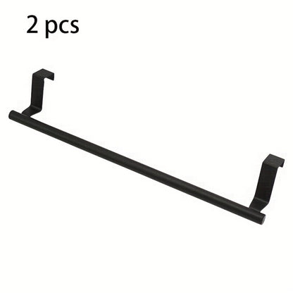 Cabinet Door Towel Bar Stainless Steel 2pcs Set - Over the Door Hand Towel Hanger Rack No Drilling | Black Silver | Kitchen Bathroom Cupboard Dishcloth Organizer Bathroom Accessories