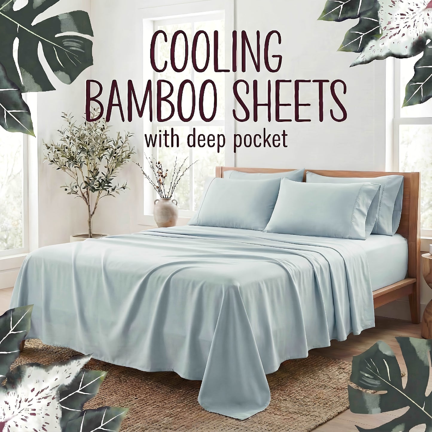 Bamboo Fiber Bed Sheet Set 4-Piece – Cooling Sheets, Hypoallergenic, Deep Pocket Fitted Sheet, Wrinkle-Free Bedding for All Seasons, Twin Full Queen King