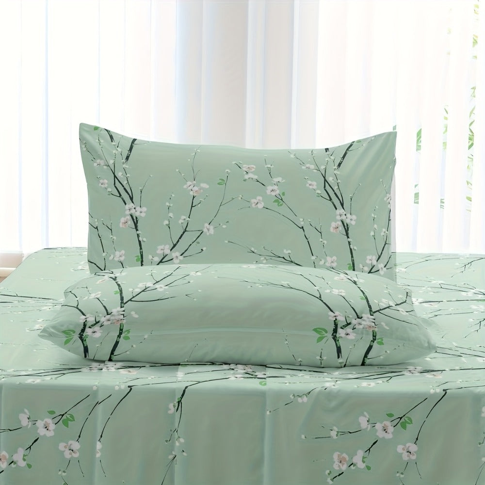 Fitted Sheet Set 4-Piece Plum Blossom Floral Print | Deep Pocket 15" Bed Sheets Twin Full Queen King | Soft Polyester Bedding Set with 2 Pillowcases, All-Season Machine Washable