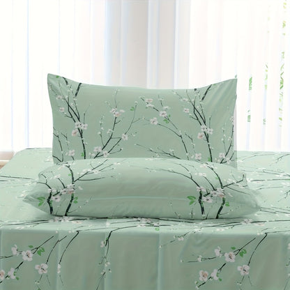 Fitted Sheet Set 4-Piece Plum Blossom Floral Print | Deep Pocket 15" Bed Sheets Twin Full Queen King | Soft Polyester Bedding Set with 2 Pillowcases, All-Season Machine Washable