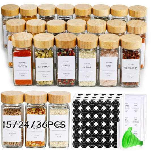 Glass Spice Jars with Labels and Lids 4oz, Empty Spice Bottles with Foldable Funnel for Kitchen Organization, Airtight Condiment Storage Containers for Herbs and Seasonings, Set of 15 24 or 36 Pieces