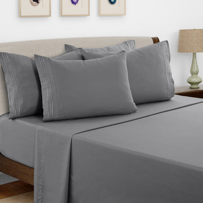 Bed Sheets Set 6 Piece - Soft Brushed Microfiber Fitted Sheet with 16" Deep Pocket, Flat Sheet & Embroidered Pillowcases, Hotel Luxury Cooling Bedding, All Seasons, 20 Colors