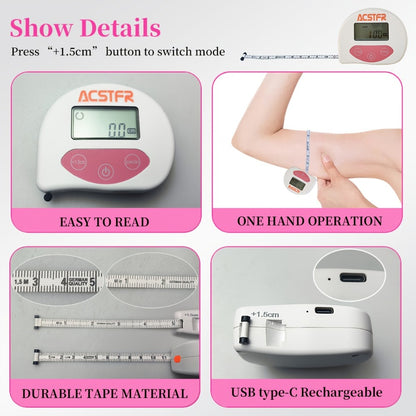 Digital Body Measuring Tape 60 Inch 150cm Smart Retractable Electronic Tape Measure for Weight Loss Waist Hip Chest Arm Body Measurement USB Rechargeable Fitness Tracker Tool