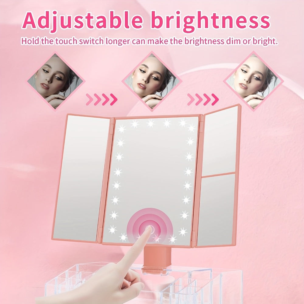 Lighted Makeup Mirror with Storage – Tri-Fold Vanity Mirror 24 LED Lights, Touch Screen, 3X/2X/1X Magnification, 180° Rotation, Dual Power Supply, White & Rose Gold