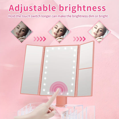 Lighted Makeup Mirror with Storage – Tri-Fold Vanity Mirror 24 LED Lights, Touch Screen, 3X/2X/1X Magnification, 180° Rotation, Dual Power Supply, White & Rose Gold