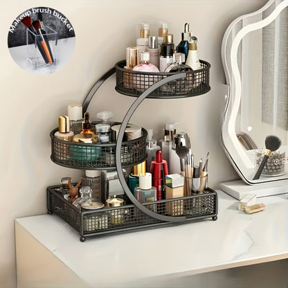 3-Tier Mesh Metal Bathroom Countertop Organizer - No-Installation Makeup Storage Rack, Tiered Vanity Shelf for Lipstick, Brushes & Skincare Bottles, Bronze Finish Space-Saving Cosmetic Organizer