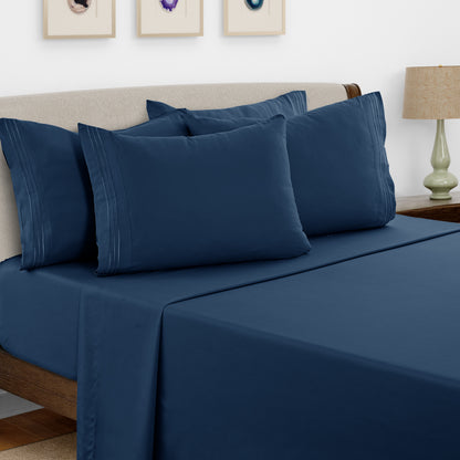 Bed Sheets Set 6 Piece - Soft Brushed Microfiber Fitted Sheet with 16" Deep Pocket, Flat Sheet & Embroidered Pillowcases, Hotel Luxury Cooling Bedding, All Seasons, 20 Colors