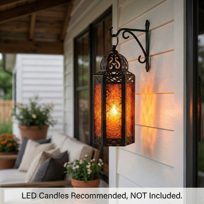 Moroccan Candle Lantern Holder - Decorative Metal & Glass Lantern with Embossed Floral Design for Indoor Home Decor, Garden, Patio, Weddings, Ramadan, Halloween & Holiday Celebrations - 10.5" Tall Medium Size