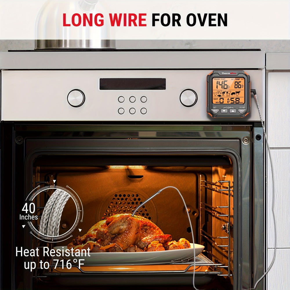 Digital Meat Thermometer with Probe Backlit Display Temp Alert for BBQ Smoker Oven Cooking - 6 Meat Presets 3 Doneness Levels Wide Range 14°F to 572°F Countdown Timer Kitchen Cooking Thermometer
