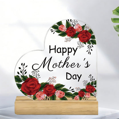Mother's Day Heart-Shaped Acrylic Sign with Wooden Base | Floral Desktop Ornament for Home Living Room Bedroom | Heartwarming Mom Gift for Mother's Day Celebration Table Decor