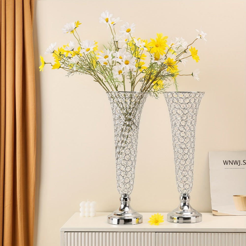 Crystal Trumpet Flower Vase Centerpieces for Wedding Table – Bling Wrought Crystal Vases for Party, Anniversary, Birthday, Banquet & Home Decor, Gold & Silver, 2pcs or 10pcs Set