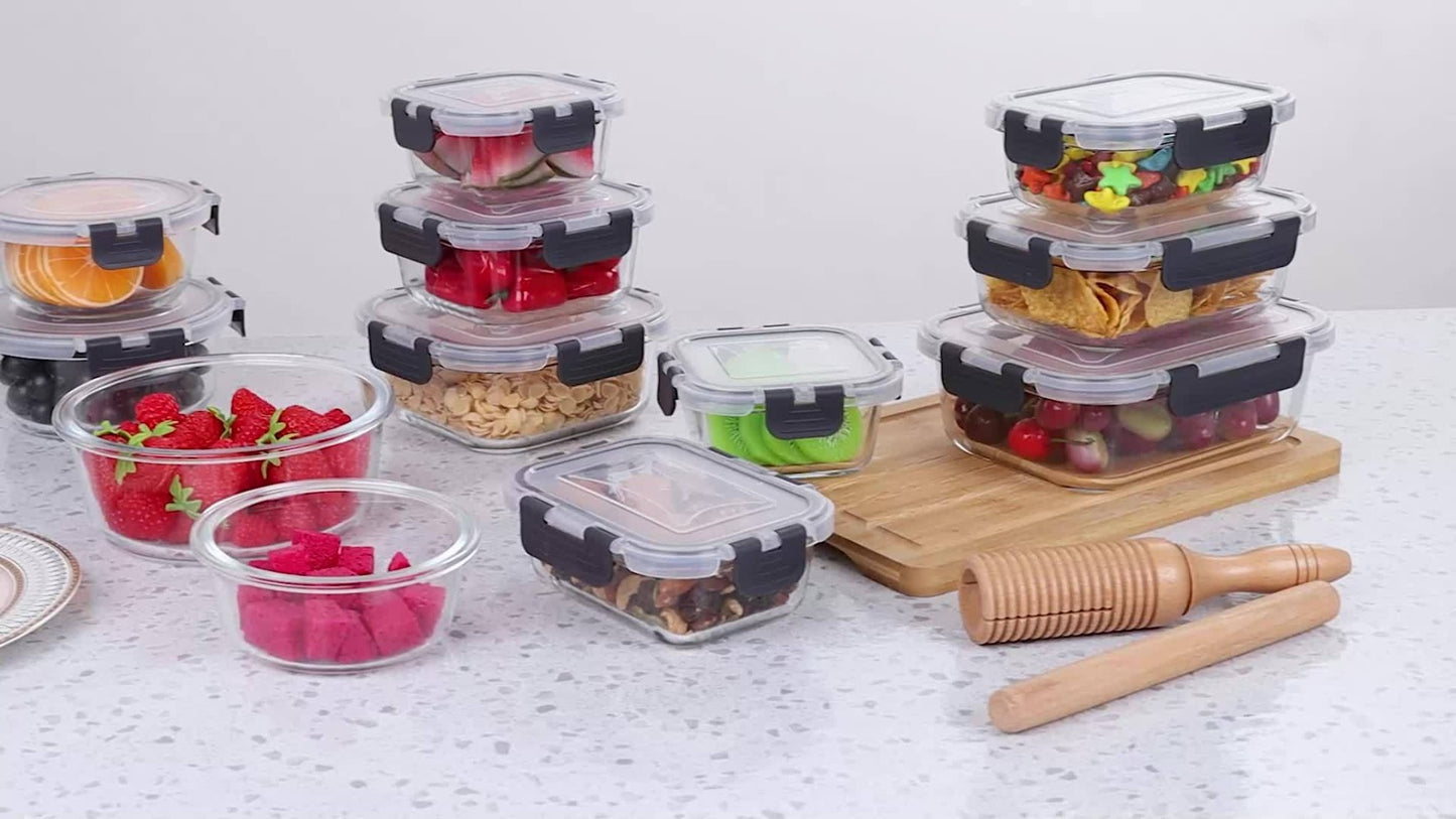Glass Food Storage Containers with Lids 12pcs – Airtight Leak-Proof Meal Prep Bento Boxes Microwave Oven Freezer Dishwasher Safe