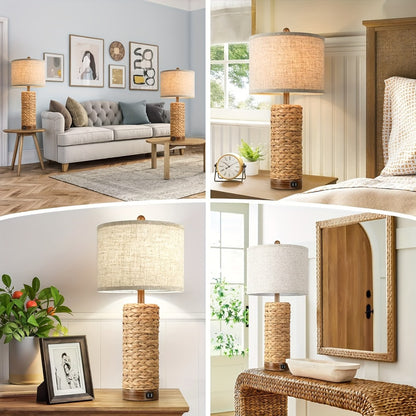 Rattan Table Lamp Set of 2 with USB Ports - 27 Inch Tall Woven Seagrass Bedside Nightstand Lamps for Living Room Bedroom End Table, Coastal Farmhouse Rustic Decor, E26 Socket Rotary Switch