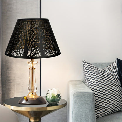 Metal Lampshade Etched Forest & Leaf Design | Black Exterior Gold Interior | Barrel Lamp Shade for Table Lamp & Floor Lamp | Medium Large Decorative Lampshade 7x13x7.8 inch