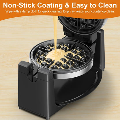Belgian Waffle Maker 180° Rotating Flip Waffle Iron, Non-Stick Plates, Adjustable Browning Control, Removable Drip Tray, Cool Touch Handle, Stainless Steel, Space-Saving Foldable Design – Single & Double