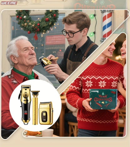Professional Hair Clipper Set for Men – 3pcs Golden Cordless Kit with Beard Trimmer & T-Blade Trimmer, Hair Cutting & Styling Tools, Ideal Birthday & Father’s Day Gift for Men