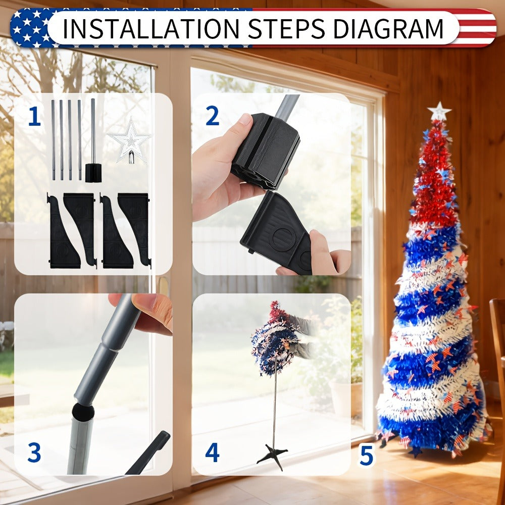 4th of July Patriotic Decoration Tree 5ft – Foldable LED Light String with Red White Blue Stars & Stripes, Independence Day Party Decor, Patriotic Theme Display Tree, Summer Holiday Gift