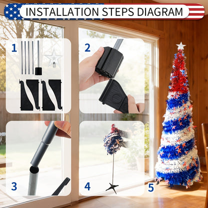 4th of July Patriotic Decoration Tree 5ft – Foldable LED Light String with Red White Blue Stars & Stripes, Independence Day Party Decor, Patriotic Theme Display Tree, Summer Holiday Gift