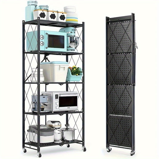 Rolling Storage Shelf with Wheels 3 4 5 Tier Foldable Office File Rack Mobile Floor Standing Organizer for Home Office Black White