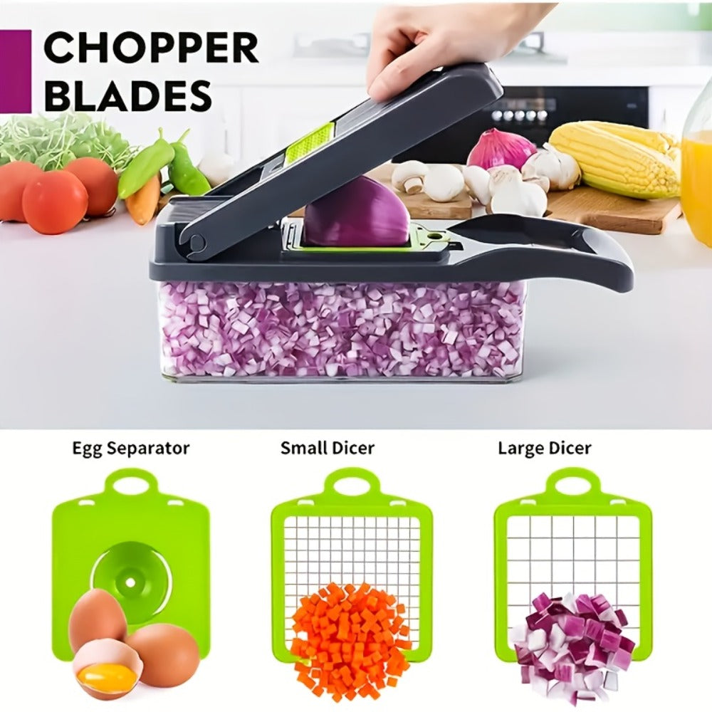 Vegetable Chopper 18-in-1 Multifunctional Food Chopper & Mandoline Slicer with Container – Onion Dicer, Adjustable Cutter for Kitchen Meal Prep, Gray