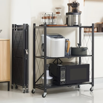 Storage Rack 3-5 Tier Foldable Shelving Unit with Wheels - Portable Multi-Layer Floor Standing Utility Shelf Organizer for Bedroom Closet Kitchen Office Black White