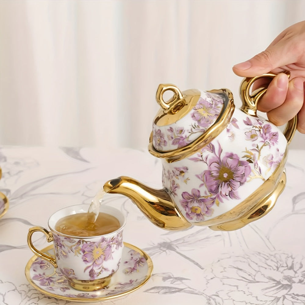 20-Piece Floral Ceramic Tea Set with Saucers & Metal Stand | European Afternoon Tea Service, Blooming Design, Complete Tea Accessories, Gift for Tea Lovers