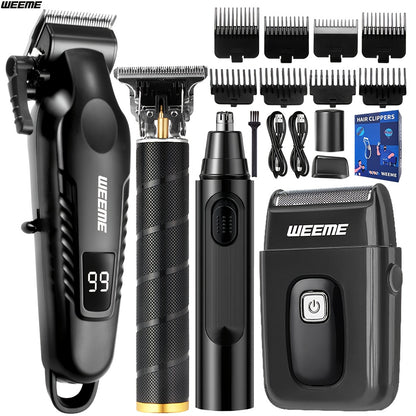 Men's Grooming Kit 4-Piece Set – USB Rechargeable Hair Clipper, Nose Trimmer, Electric Shaver & T9 Detailer with 8 Guide Combs, Professional Cordless Beard Trimmer Set for Men