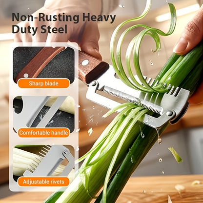 Stainless Steel Vegetable Peeler Set 2pcs – Multi-functional Kitchen Peeler with Scallion Cutter, Straight Blade, Wooden Handle & Bottle Opener