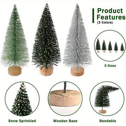 Mini Artificial Christmas Trees Set of 15, Bottle Brush Tabletop Trees with Wooden Base & Snowflake Sprinkles — Bendable Non-Lit Holiday Centerpieces for Christmas, Halloween & Thanksgiving Decor
