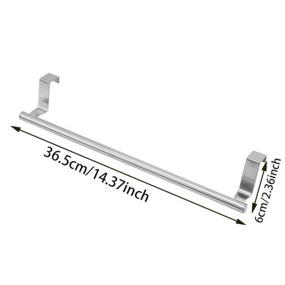 Cabinet Door Towel Bar Stainless Steel 2pcs Set - Over the Door Hand Towel Hanger Rack No Drilling | Black Silver | Kitchen Bathroom Cupboard Dishcloth Organizer Bathroom Accessories