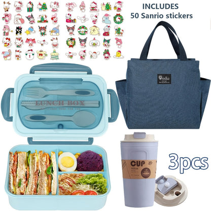 Sanrio Lunch Box Set 53pcs Bento Box with Thermal Bag Breakfast Cup Portable Sealed Compartment Microwave Dishwasher Safe for Work Picnic School