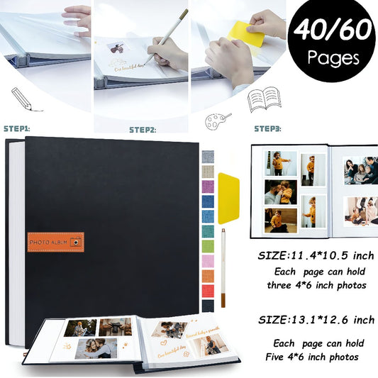 Self Adhesive Photo Album Scrapbook – Large Linen Cover Memory Book for 4x6 5x7 8x10 Photos, DIY Picture Book with Metal Pen, Gift for Mom, Baby, Wedding, Valentine's Day & Mother's Day, 40 & 60 Pages