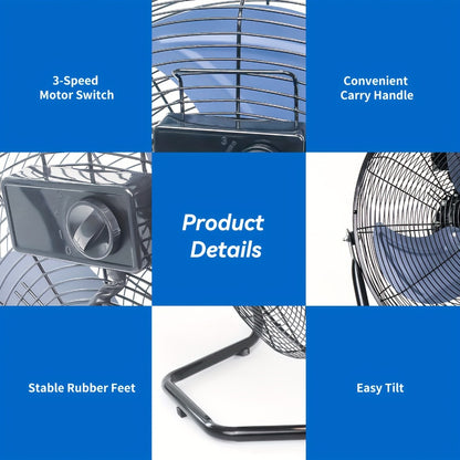 Industrial Floor Fan High Velocity 9 & 20 Inch – Metal Construction & Blades, 3-Speed Heavy Duty Fan for Industrial, Commercial & Garage Use | Silver, Black & Blue