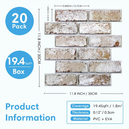 Peel and Stick Brick Wall Panels 3D Faux Brick Tiles 20 Sheets - Self-Adhesive PVC Realistic Texture, No Grout Needed, Waterproof & Heat Resistant for Kitchen Backsplash Fireplace Living Room Bedroom