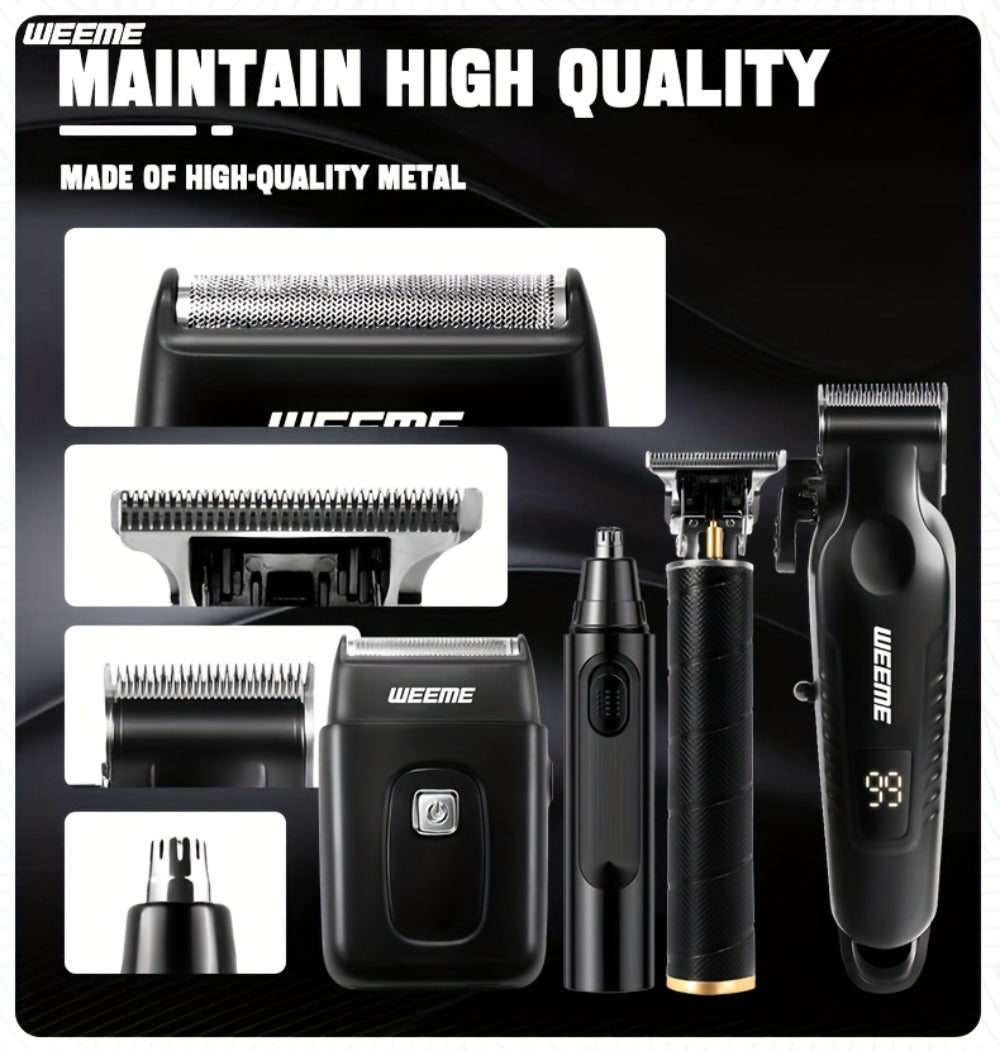 Men's Grooming Kit 4-Piece Set – USB Rechargeable Hair Clipper, Nose Trimmer, Electric Shaver & T9 Detailer with 8 Guide Combs, Professional Cordless Beard Trimmer Set for Men