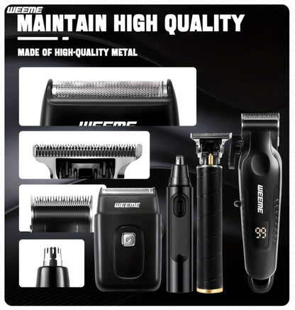 Men's Grooming Kit 4-Piece Set – USB Rechargeable Hair Clipper, Nose Trimmer, Electric Shaver & T9 Detailer with 8 Guide Combs, Professional Cordless Beard Trimmer Set for Men