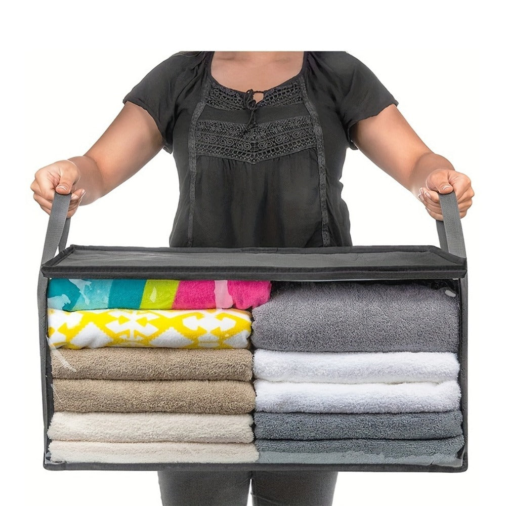 Foldable Storage Bags Set of 3 with Transparent Window & Handles – Closet Organizer Bags for Clothes, Bedding, Pillows, Blankets, Stuffed Animals, Dorm Room, Under Bed Storage, Gray