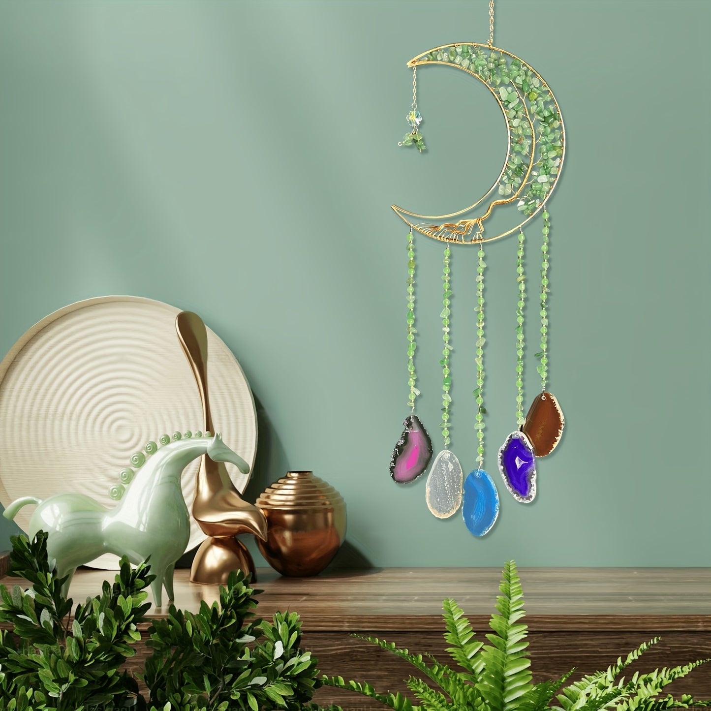Moon Agate Tree Hanging Ornament Handmade Boho Suncatcher Wall Decor - Crystal Window Sun Catcher Gift for Mom Friends Women Birthday Christmas Holiday Home Decoration
