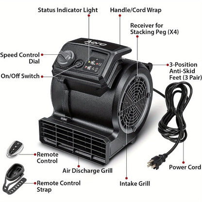 Air Mover Floor Dryer 550 CFM Portable Carpet Blower Fan for Water Damage Restoration Drying Cooling Floors Carpets Walls Remote Control and Manual Options
