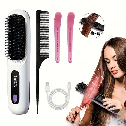 Portable Wireless Hair Straightener Comb USB Rechargeable 3-Speed Temp Control Negative Ion LED Display Lightweight for Travel