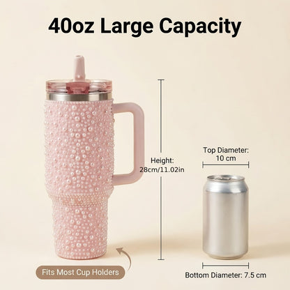 40oz Rhinestone Tumbler with Handle and Straw – Stainless Steel Double Wall Insulated Cup | Pearl Glitter Travel Mug for Sublimation Outdoor Sports Camping Holiday Gift