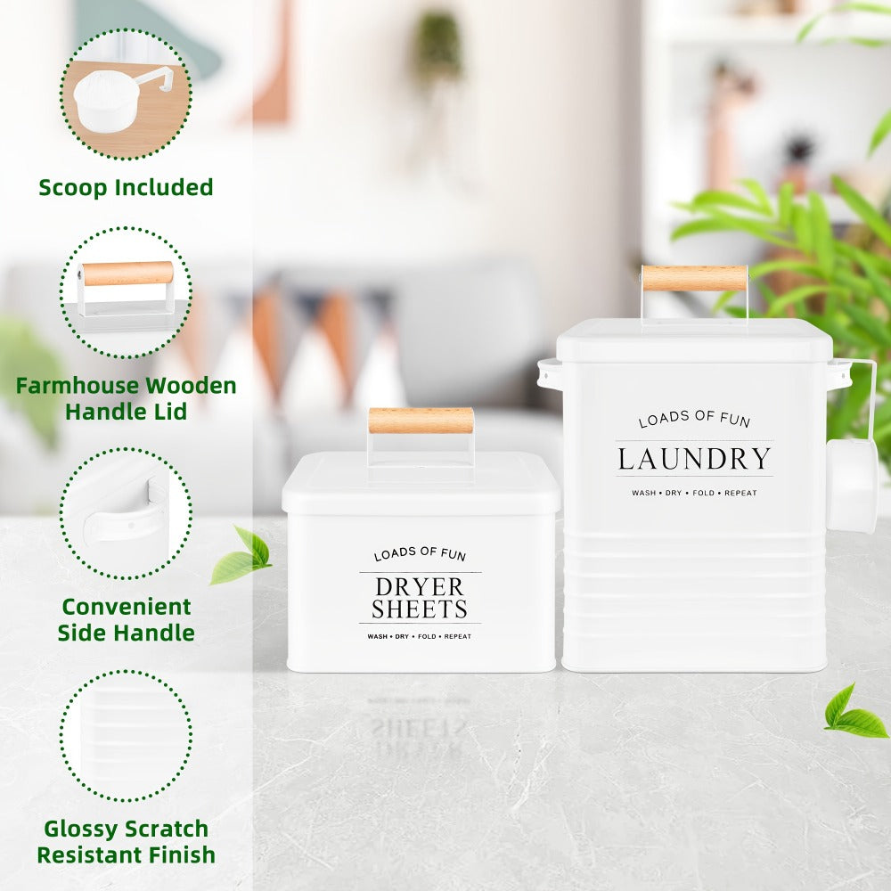 Laundry Pod Container & Dryer Sheet Holder Set with Scoop – Metal Farmhouse Laundry Room Organizer, Detergent Dispenser & Soap Storage